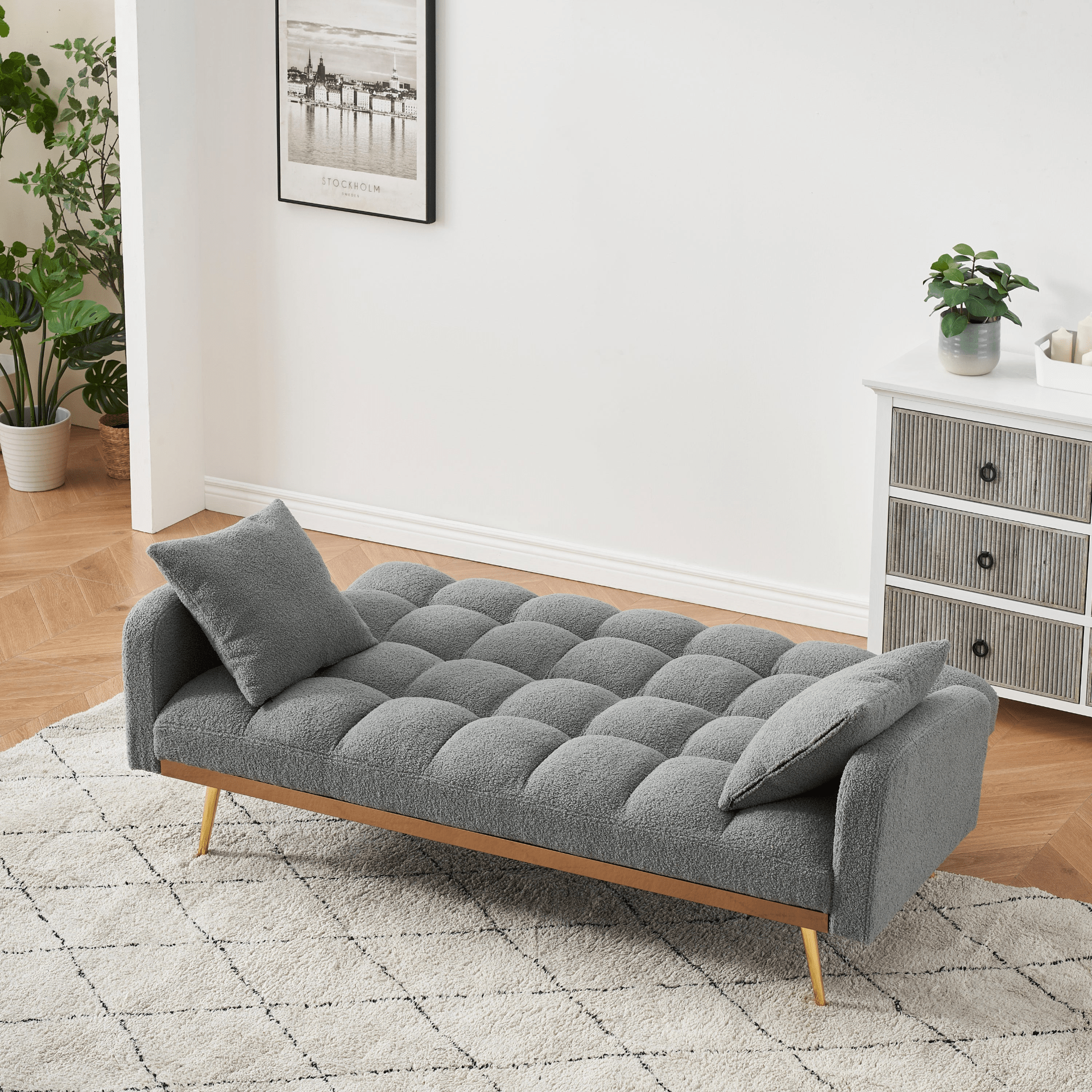 Stylish 69 - Inch Grey Sofa Bed with Adjustable Design & Teddy Fleece – Includes 2 Throw Pillows for Ultimate Comfort - CurtisJ Designs