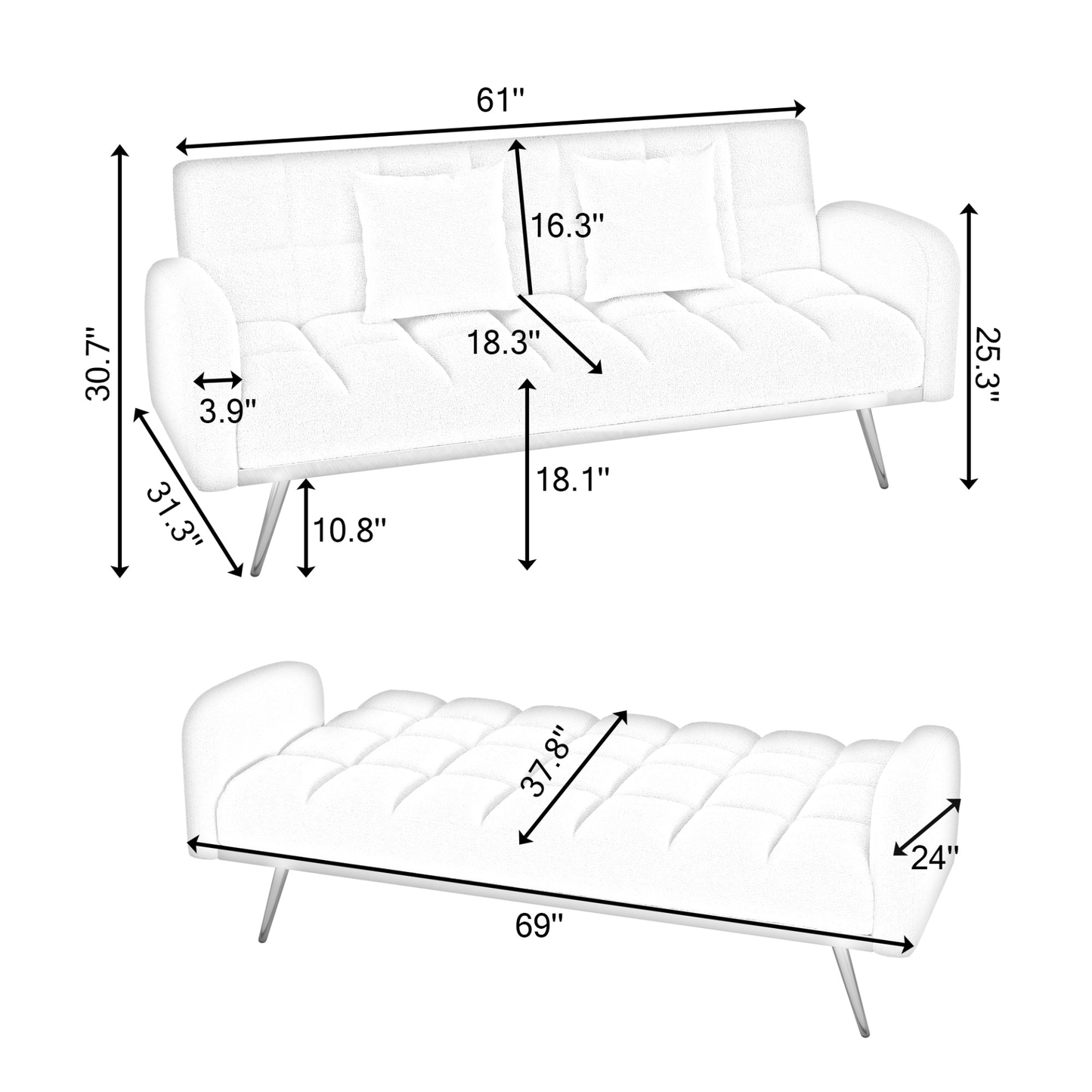 Stylish 69 - Inch Grey Sofa Bed with Adjustable Design & Teddy Fleece – Includes 2 Throw Pillows for Ultimate Comfort - CurtisJ Designs