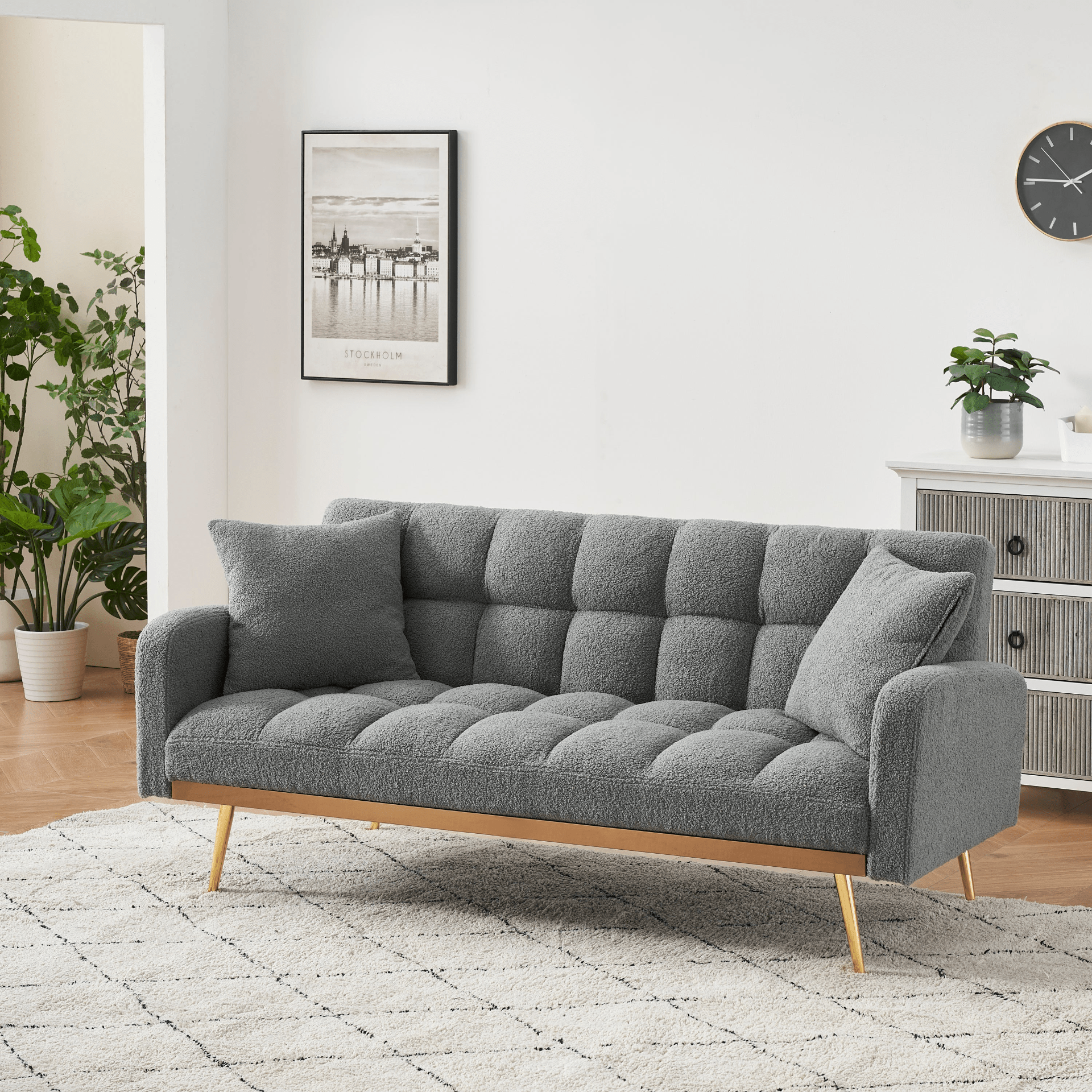 Stylish 69 - Inch Grey Sofa Bed with Adjustable Design & Teddy Fleece – Includes 2 Throw Pillows for Ultimate Comfort - CurtisJ Designs