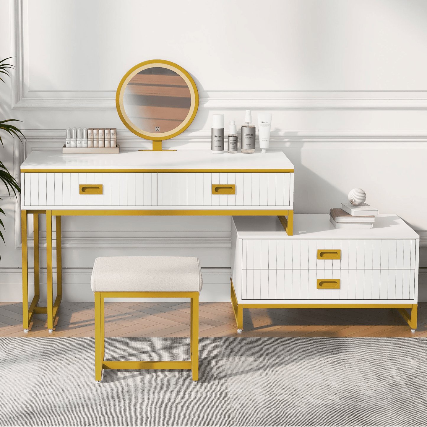 Stylish Modern Vanity Table with Movable Side Cabinet & 4 - Drawers | Perfect for Makeup & Storage - CurtisJ Designs