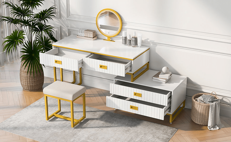 Stylish Modern Vanity Table with Movable Side Cabinet & 4 - Drawers | Perfect for Makeup & Storage - CurtisJ Designs