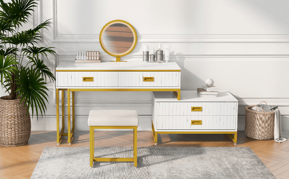 Stylish Modern Vanity Table with Movable Side Cabinet & 4 - Drawers | Perfect for Makeup & Storage - CurtisJ Designs