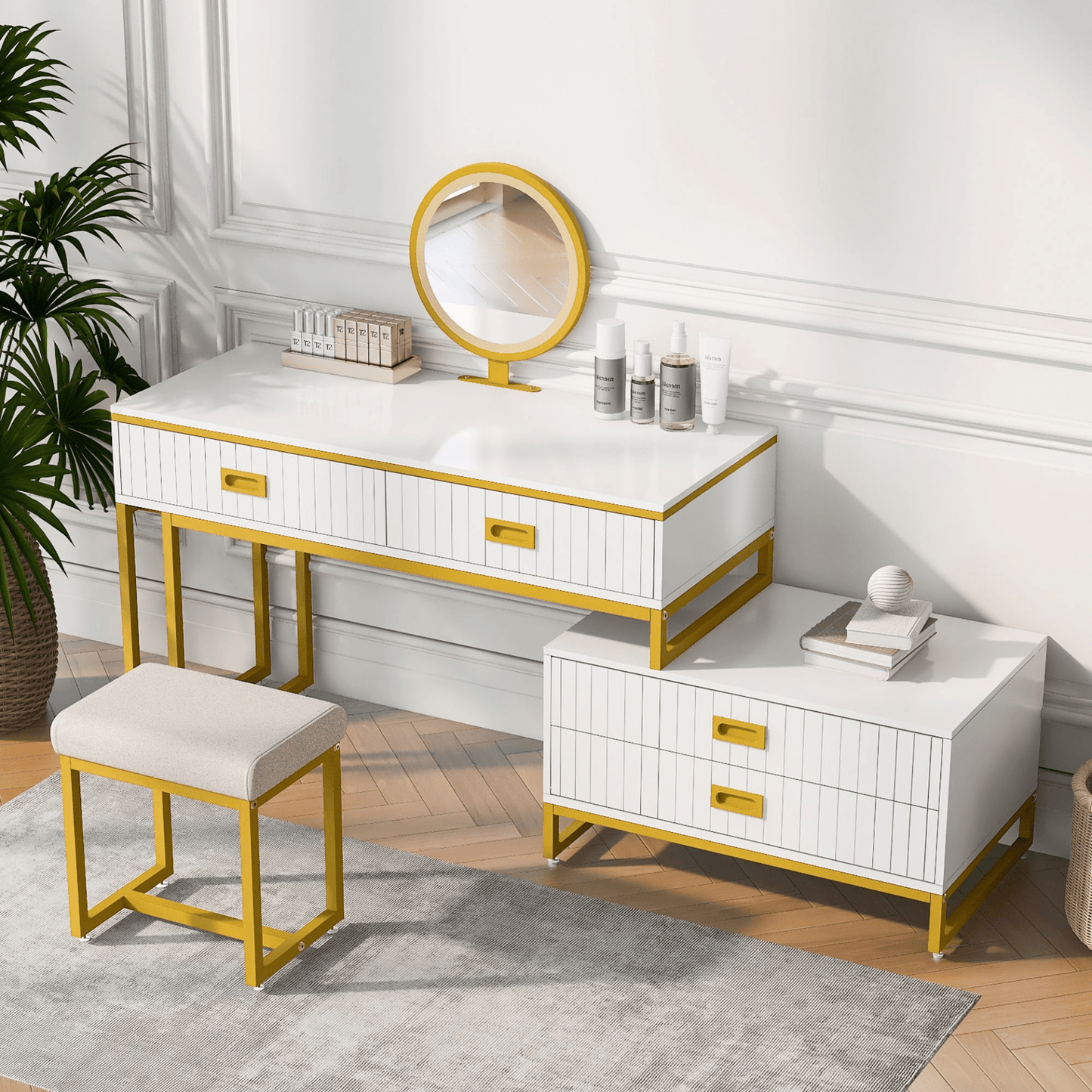 Stylish Modern Vanity Table with Movable Side Cabinet & 4 - Drawers | Perfect for Makeup & Storage - CurtisJ Designs