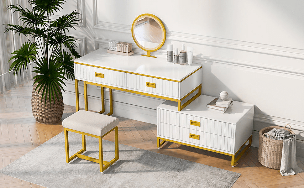 Stylish Modern Vanity Table with Movable Side Cabinet & 4 - Drawers | Perfect for Makeup & Storage - CurtisJ Designs