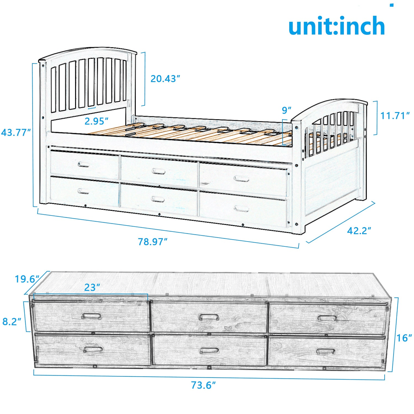 Twin Size Platform Storage Bed Solid Wood Bed with 6 Drawers - CurtisJ Designs