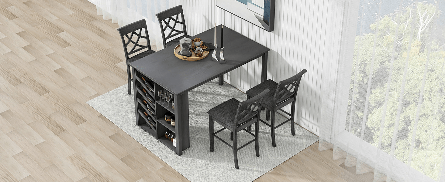 Updated Counter Height 5 - Piece Solid Wood Dining Table Set with Wine Rack and Upholstered Chairs, Grey - 59x35.4 inch - CurtisJ Designs