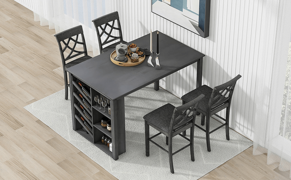 Updated Counter Height 5 - Piece Solid Wood Dining Table Set with Wine Rack and Upholstered Chairs, Grey - 59x35.4 inch - CurtisJ Designs