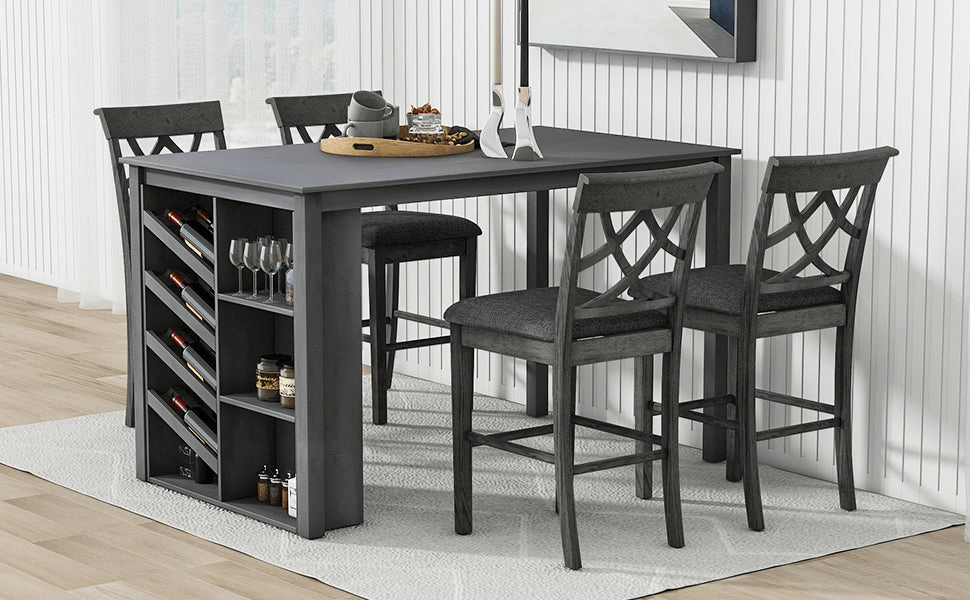 Updated Counter Height 5 - Piece Solid Wood Dining Table Set with Wine Rack and Upholstered Chairs, Grey - 59x35.4 inch - CurtisJ Designs