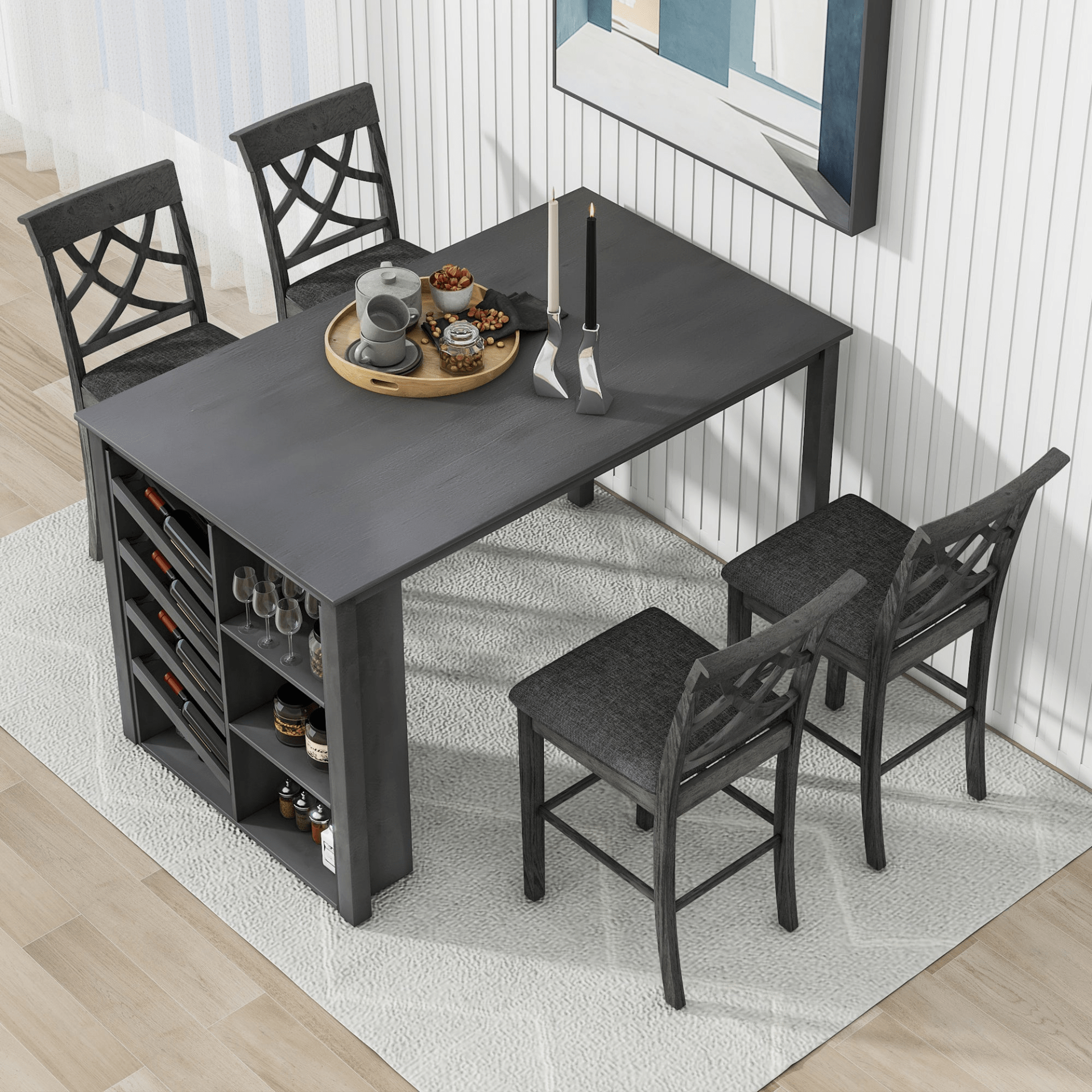 Updated Counter Height 5 - Piece Solid Wood Dining Table Set with Wine Rack and Upholstered Chairs, Grey - 59x35.4 inch - CurtisJ Designs