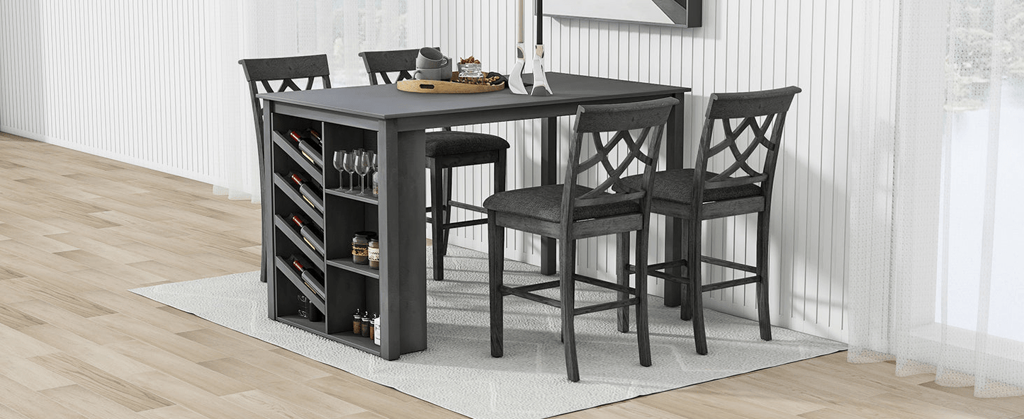 Updated Counter Height 5 - Piece Solid Wood Dining Table Set with Wine Rack and Upholstered Chairs, Grey - 59x35.4 inch - CurtisJ Designs