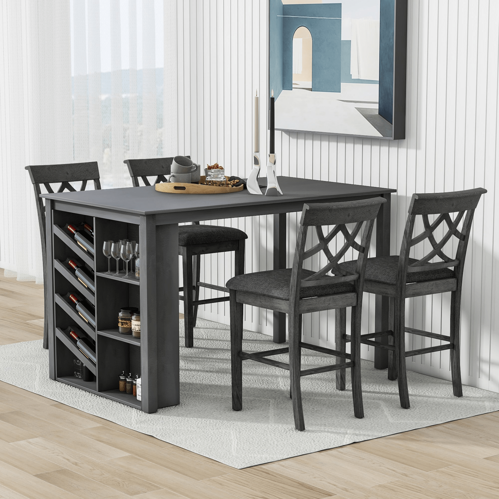 Updated Counter Height 5 - Piece Solid Wood Dining Table Set with Wine Rack and Upholstered Chairs, Grey - 59x35.4 inch - CurtisJ Designs