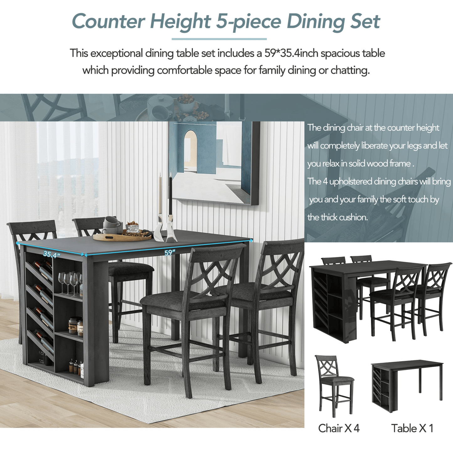 Updated Counter Height 5 - Piece Solid Wood Dining Table Set with Wine Rack and Upholstered Chairs, Grey - 59x35.4 inch - CurtisJ Designs