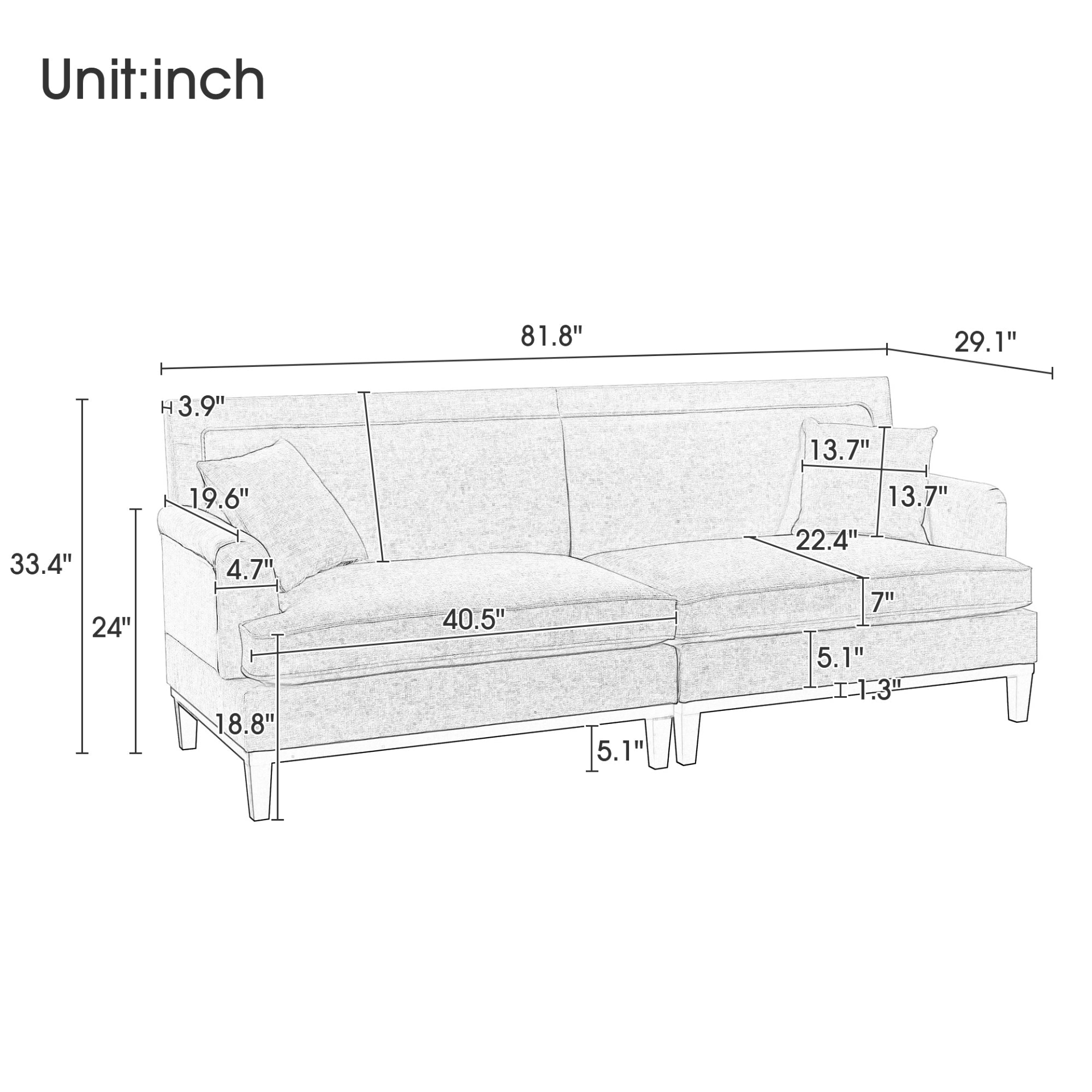 Upholstered Country Style Sofa with Wooden Legs and Two Throw Pillows - CurtisJ Designs