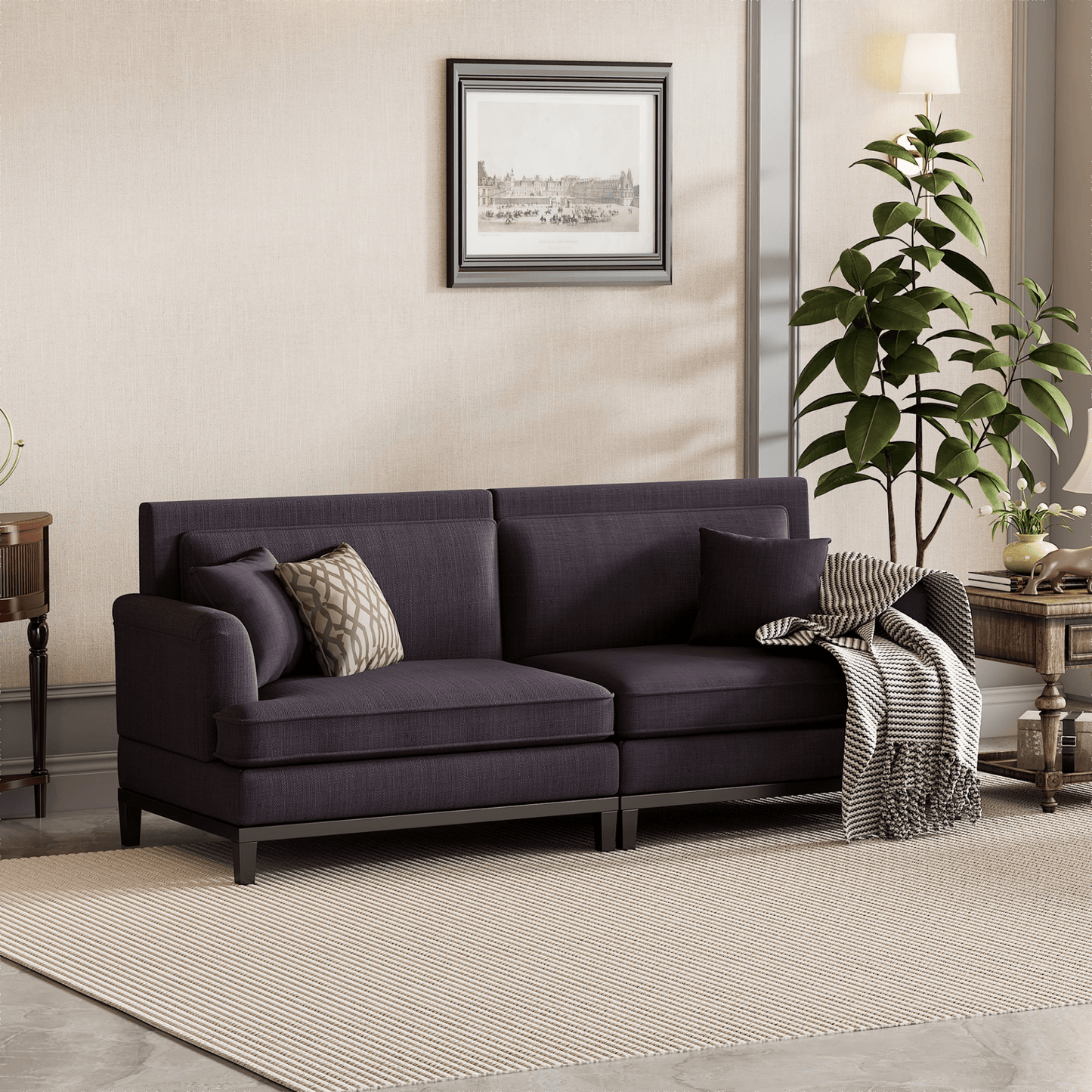 Upholstered Country Style Sofa with Wooden Legs and Two Throw Pillows - CurtisJ Designs