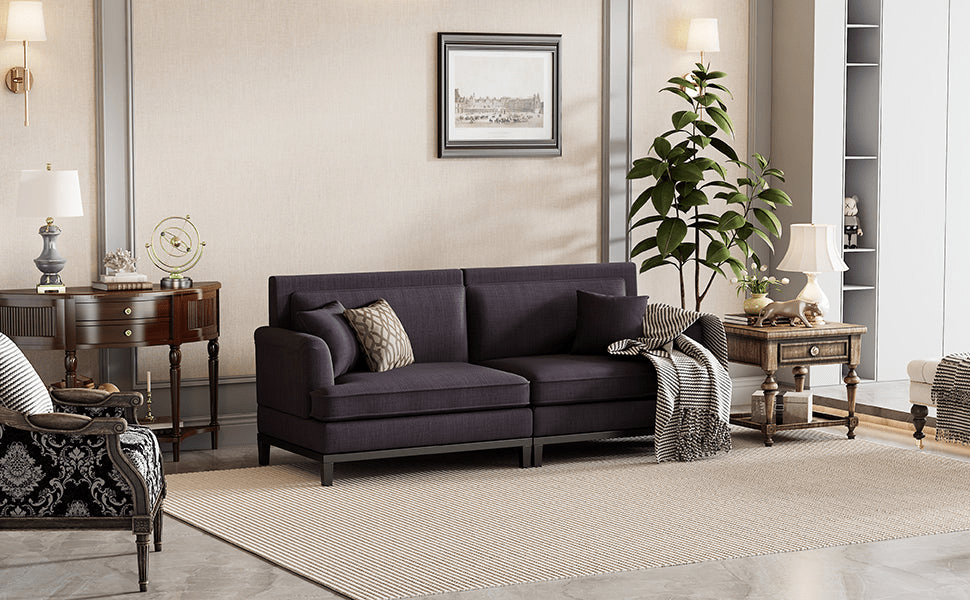 Upholstered Country Style Sofa with Wooden Legs and Two Throw Pillows - CurtisJ Designs