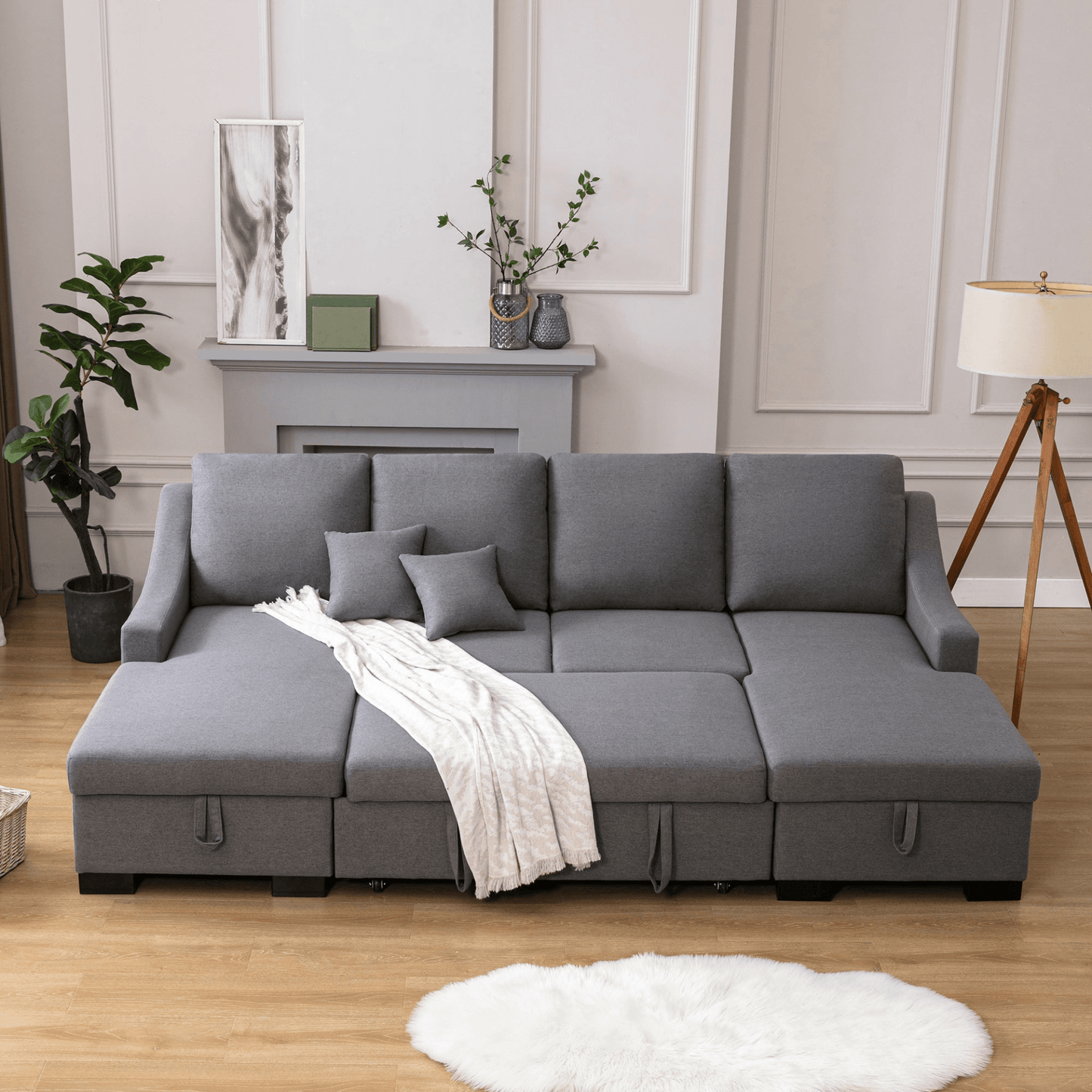 Upholstery Sleeper Sectional Sofa with Double Storage Spaces, 2 Tossing Cushions, Grey - CurtisJ Designs