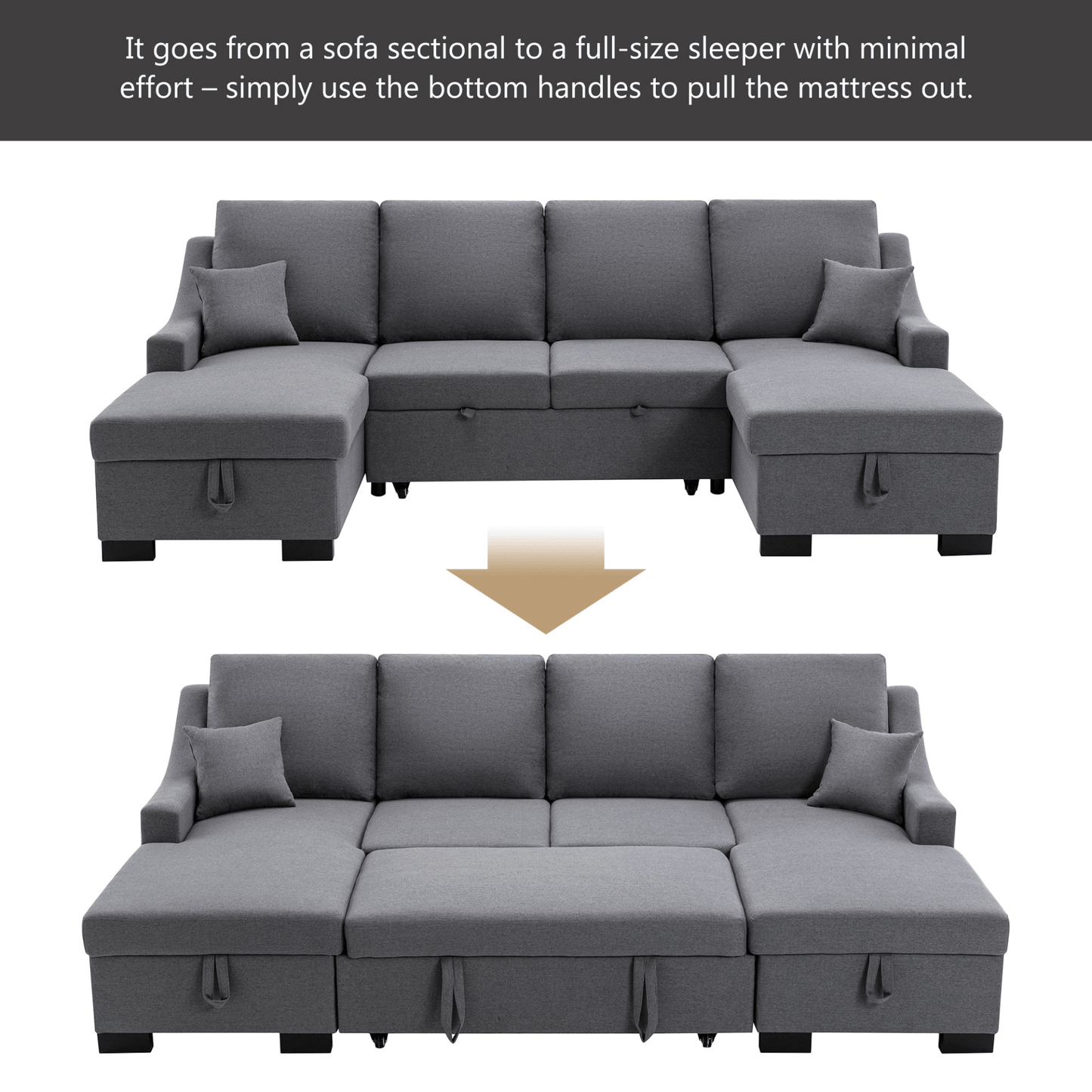 Upholstery Sleeper Sectional Sofa with Double Storage Spaces, 2 Tossing Cushions, Grey - CurtisJ Designs