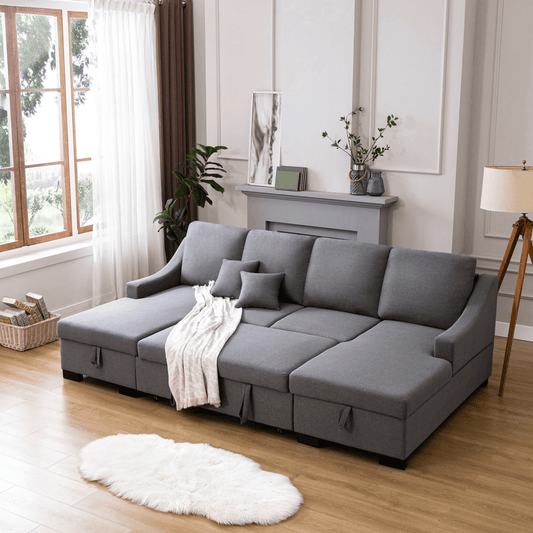 Upholstery Sleeper Sectional Sofa with Double Storage Spaces, 2 Tossing Cushions, Grey - CurtisJ Designs