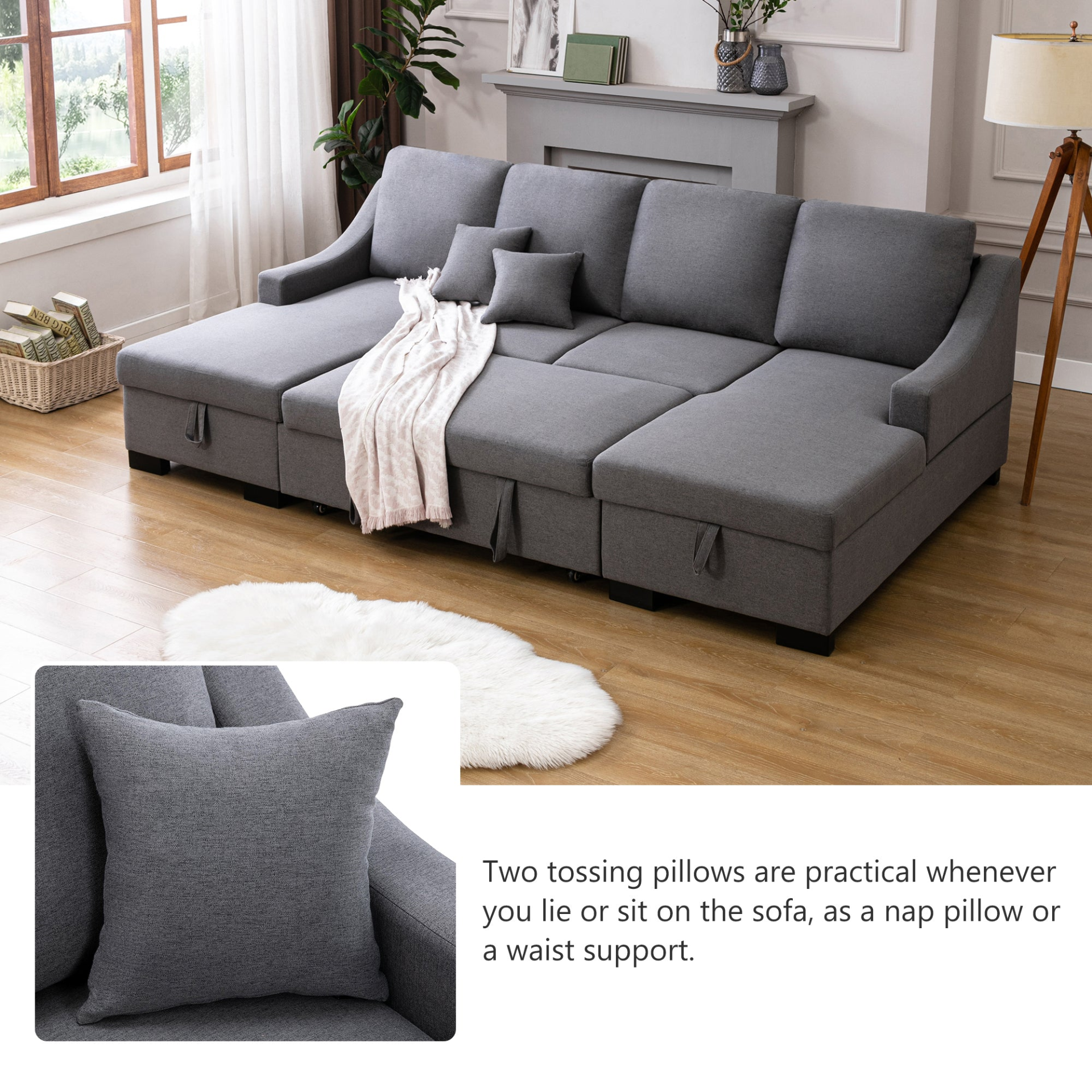 Upholstery Sleeper Sectional Sofa with Double Storage Spaces, 2 Tossing Cushions, Grey - CurtisJ Designs