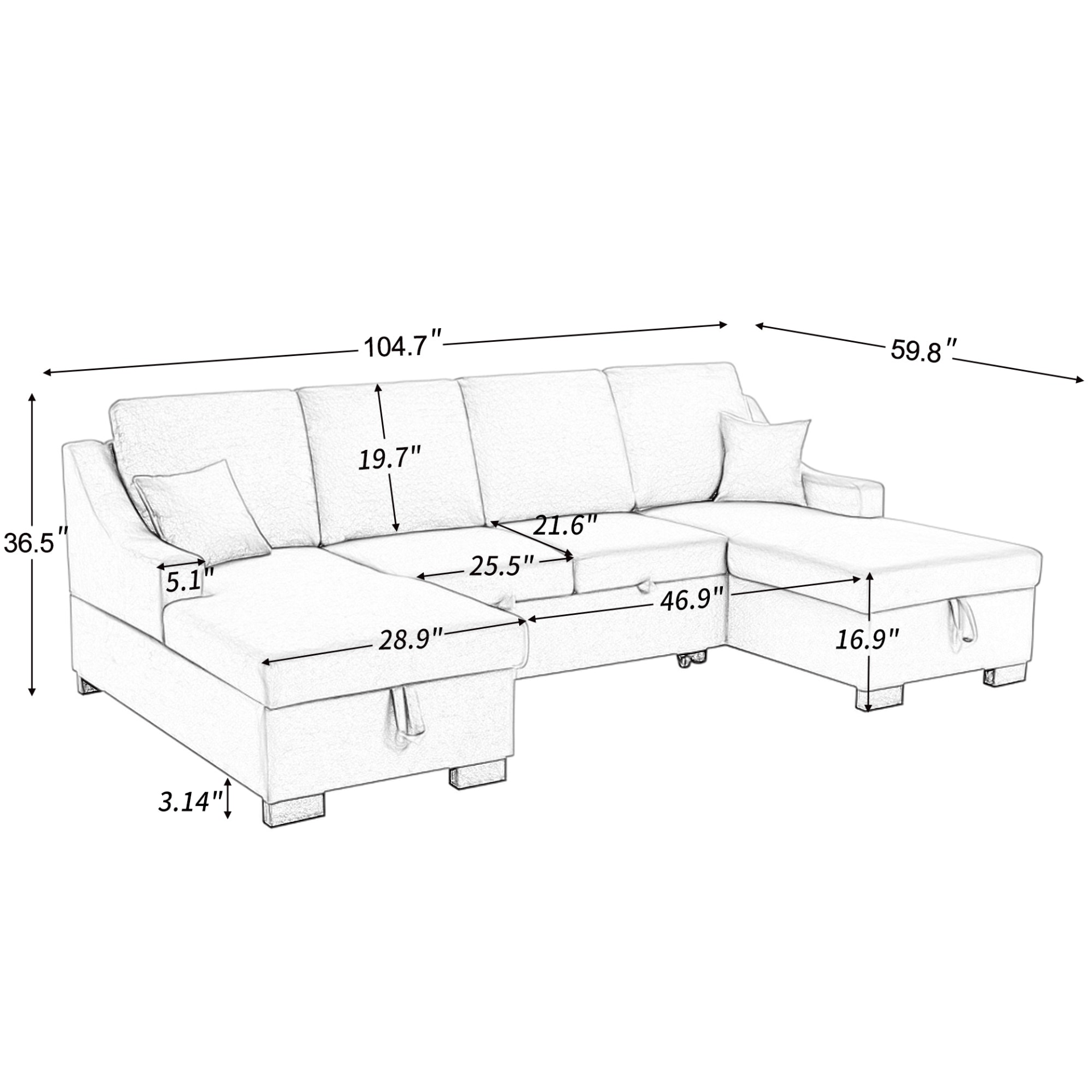 Upholstery Sleeper Sectional Sofa with Double Storage Spaces, 2 Tossing Cushions, Grey - CurtisJ Designs