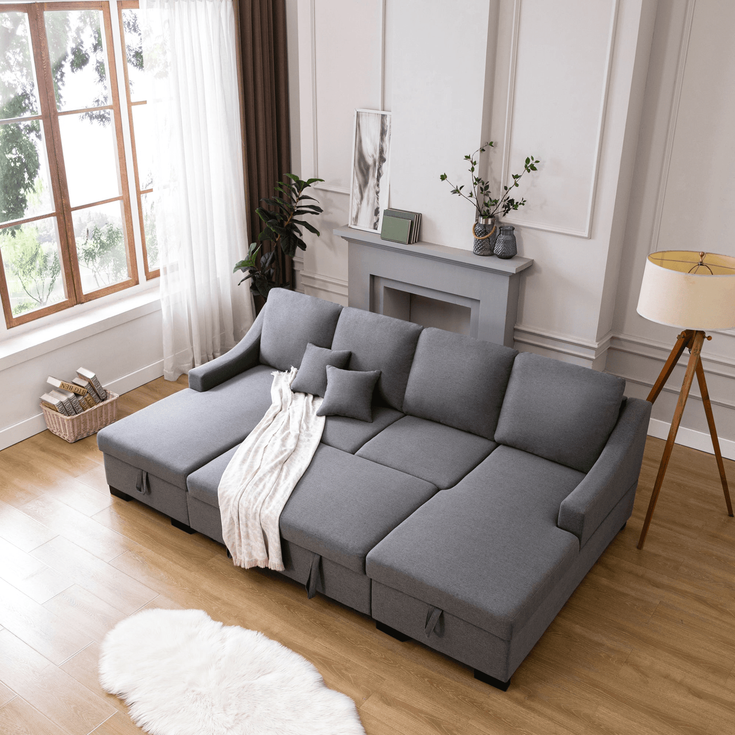 Upholstery Sleeper Sectional Sofa with Double Storage Spaces, 2 Tossing Cushions, Grey - CurtisJ Designs