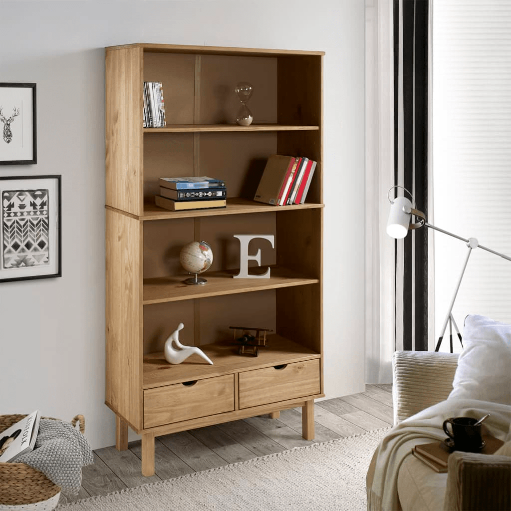 vidaXL Bookcase OTTA with 2 Drawers Brown Solid Wood Pine - CurtisJ Designs