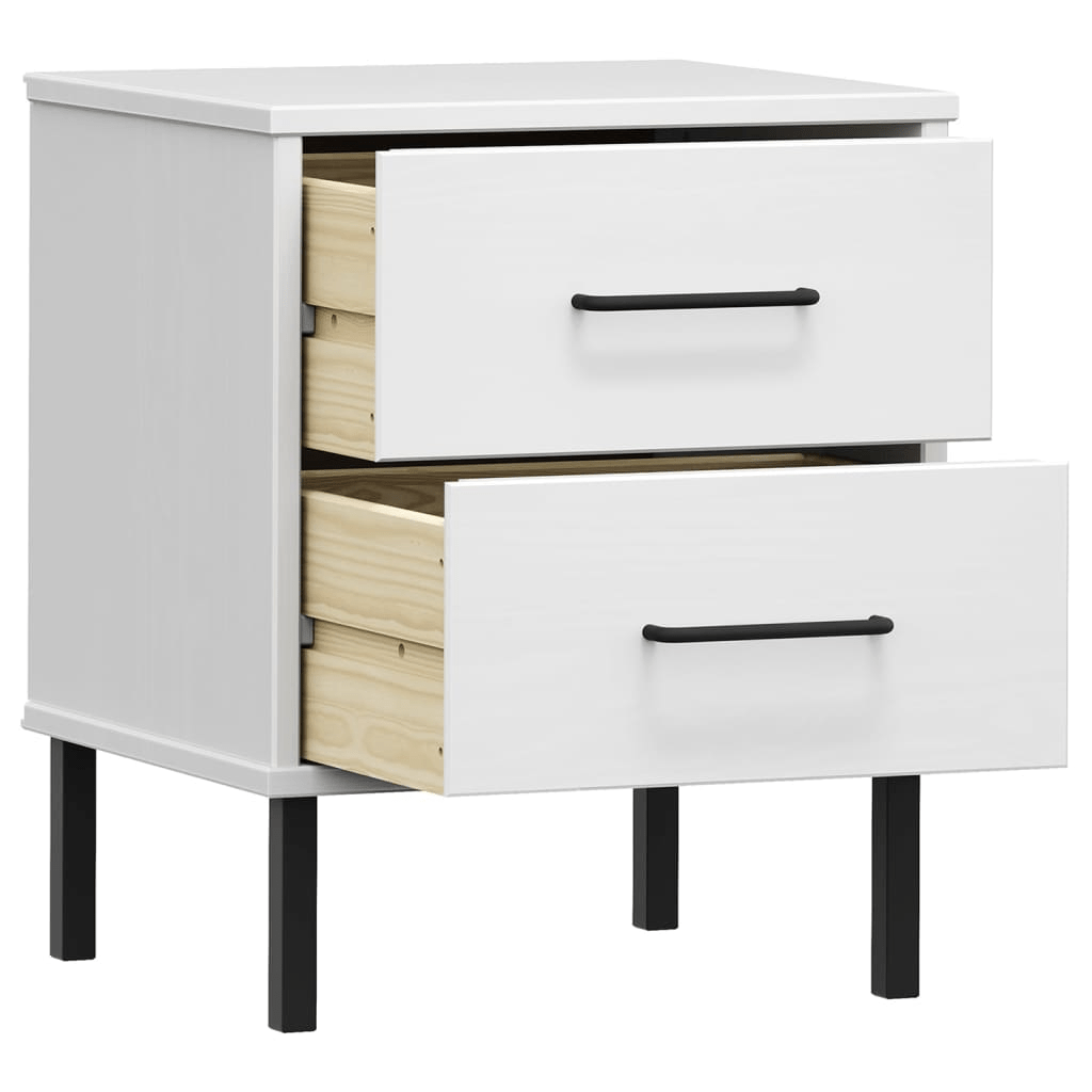 vidaXL OSLO Bedside Cabinet with Metal Legs, 2 Drawers, Solid Pine Wood, White Finish - CurtisJ Designs