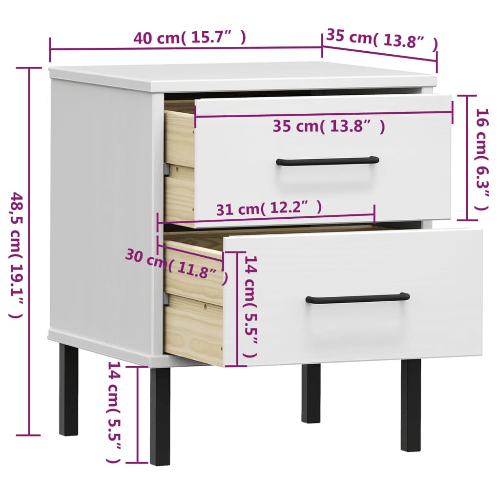 vidaXL OSLO Bedside Cabinet with Metal Legs, 2 Drawers, Solid Pine Wood, White Finish - CurtisJ Designs