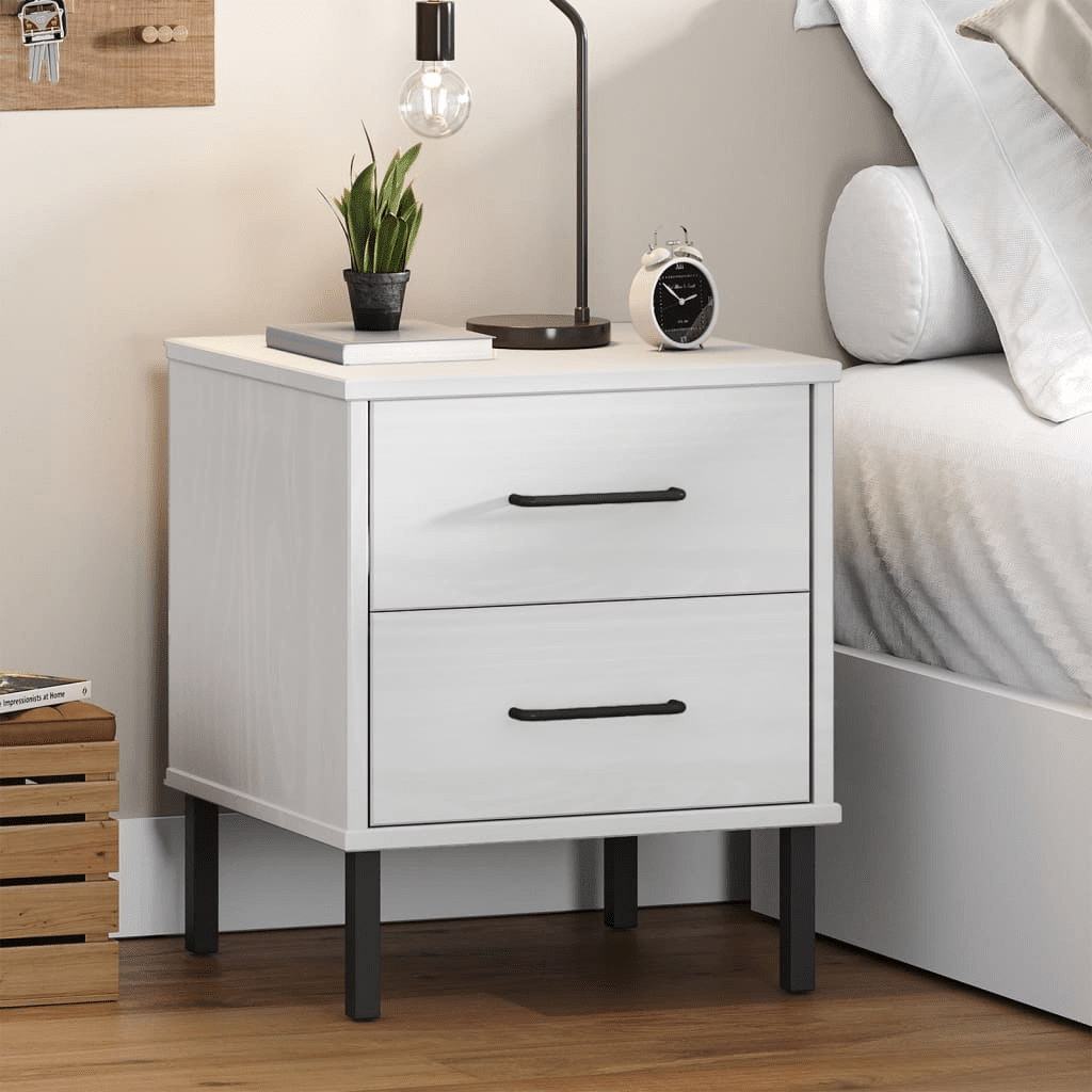 vidaXL OSLO Bedside Cabinet with Metal Legs, 2 Drawers, Solid Pine Wood, White Finish - CurtisJ Designs