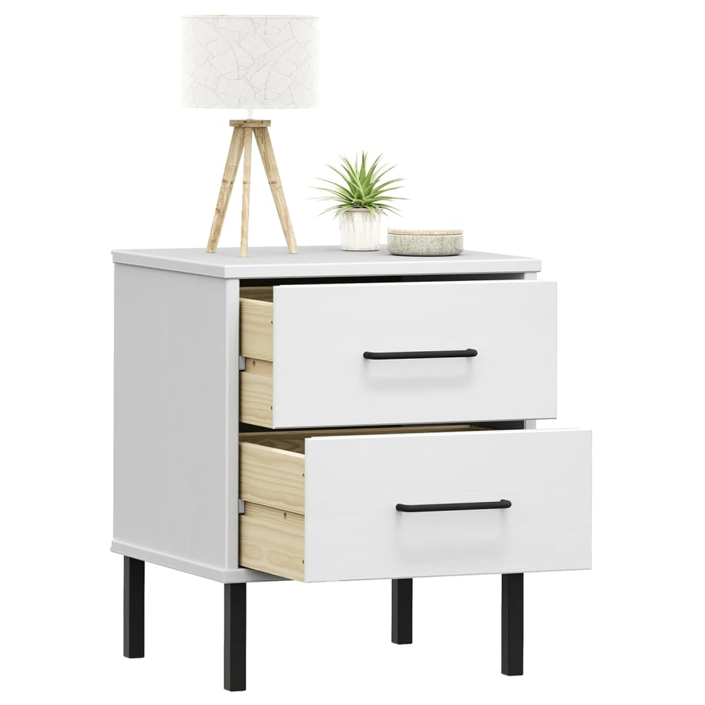 vidaXL OSLO Bedside Cabinet with Metal Legs, 2 Drawers, Solid Pine Wood, White Finish - CurtisJ Designs